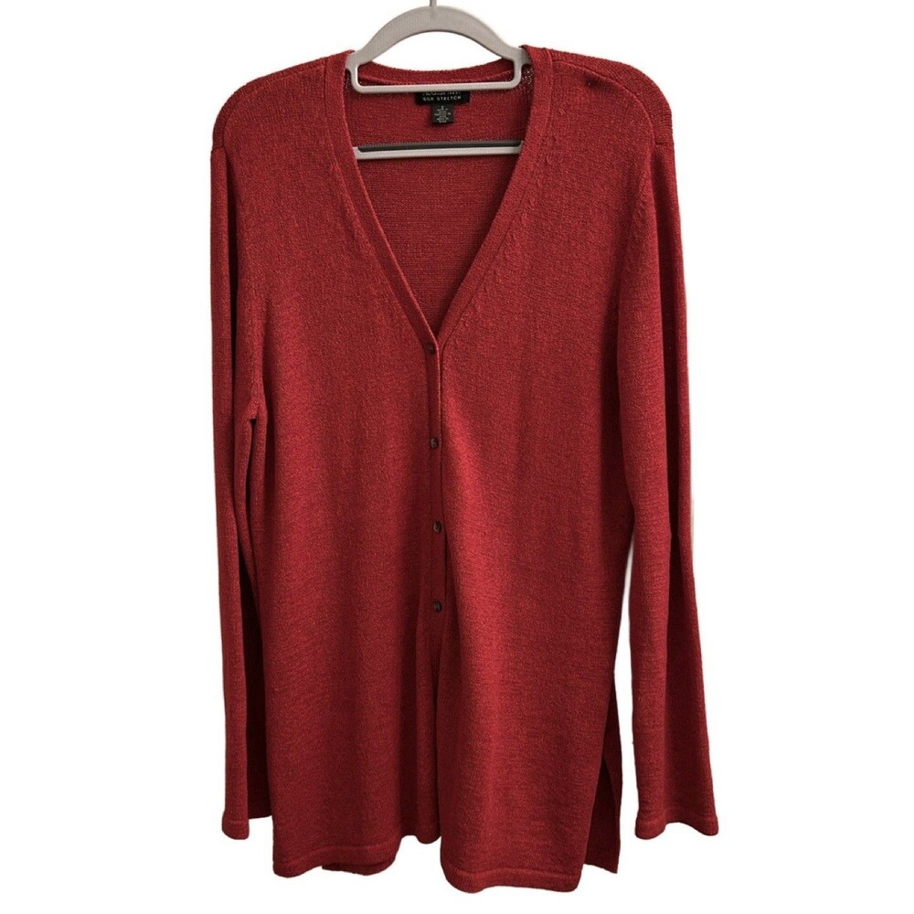 August Max Women’s Red Stretch Silk Button Up Cardigan SZ 3 Preppy Holidays